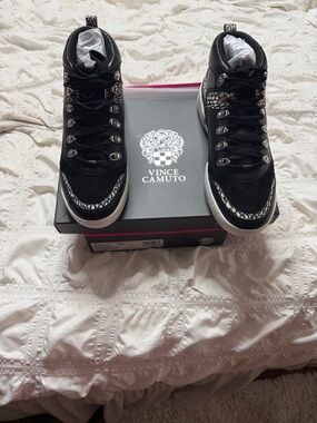 Vince Camuto Black Suede High-Top Sneakers with Snakeskin Trim